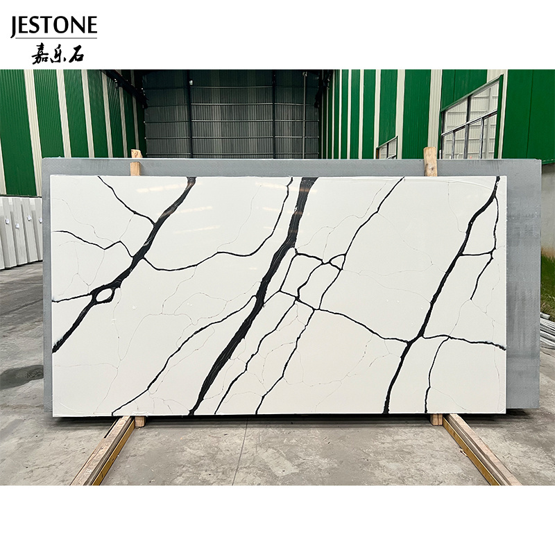 Artificial White Color With Purple Veins Calacatta Quartz Stone For Countertops