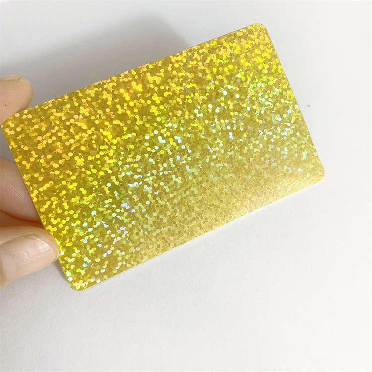 Credit Card Size CR80 Die Cut NFC Chip Built In Golden Holographic Shiny pvc business cards custom