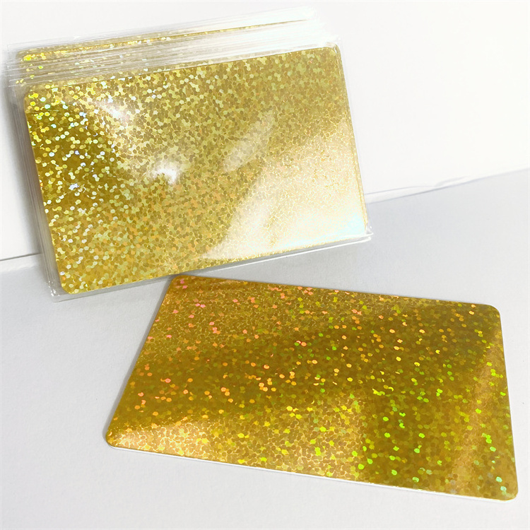 Credit Card Size CR80 Die Cut NFC Chip Built In Golden Holographic Shiny pvc business cards custom