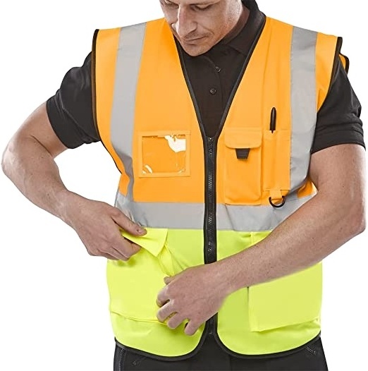 Hi Vis Reflective 4 poc Vests, High Visibility Safety Zip-Up Vests, Hi Viz Emergency & Safety Jacket with neon reflective strips