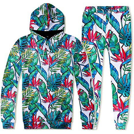 Hawaiian coconut tree print pullover jogging pants sport sweat suit with drawstring pocket sublimated print polyester tracksuit