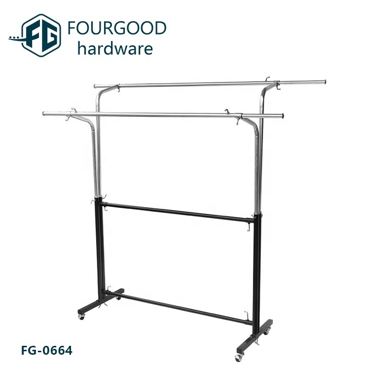 Rolling Double Bar Display Rack for Clothing