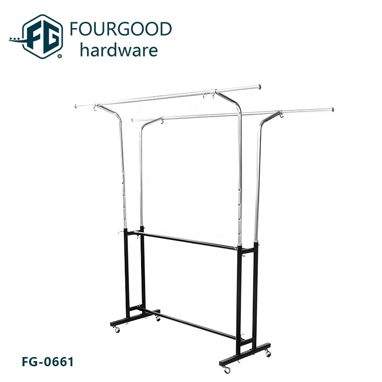 Rolling Double Bar Display Rack for Clothing