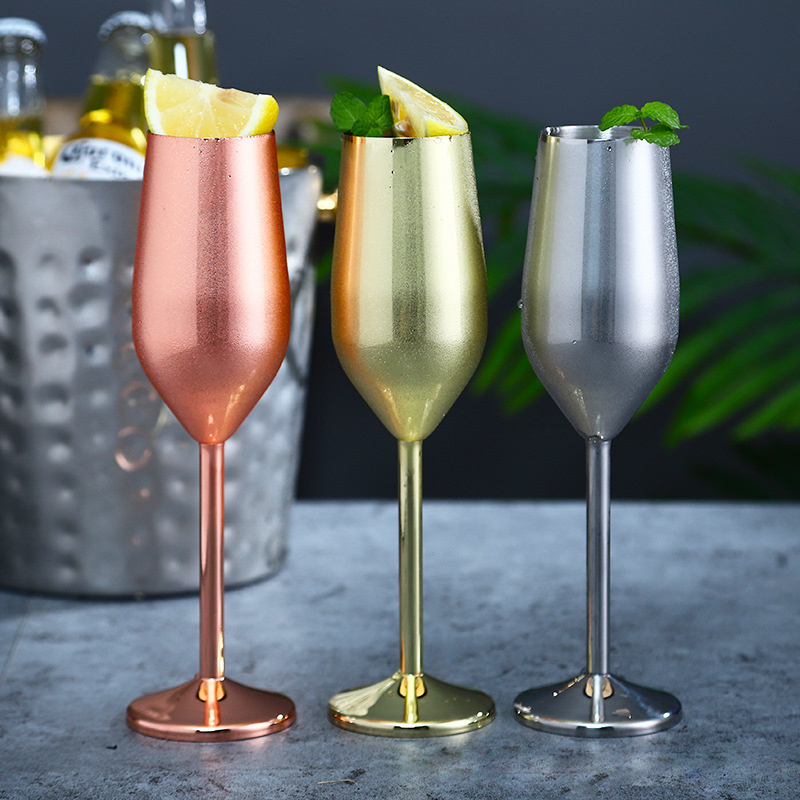 Custom 220ml Stemmed Stainless Steel Metal Wine Glasses Goblet, Silver Elegant Rose Gold Drinkware for Champagne and Cocktails