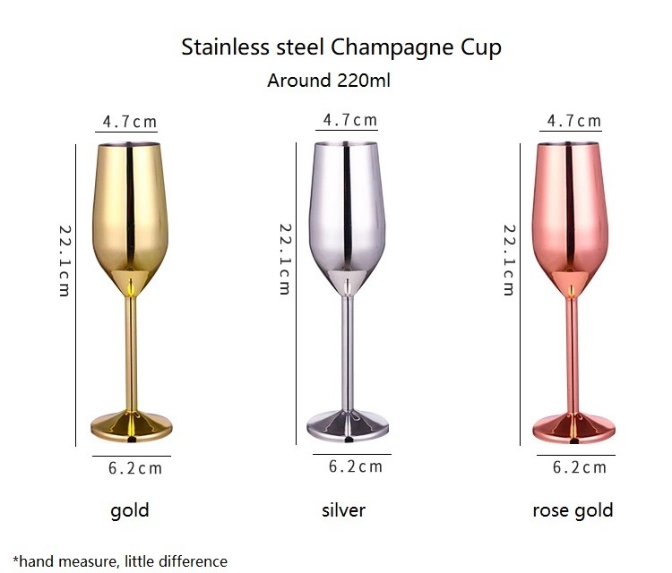 Custom 220ml Stemmed Stainless Steel Metal Wine Glasses Goblet, Silver Elegant Rose Gold Drinkware for Champagne and Cocktails