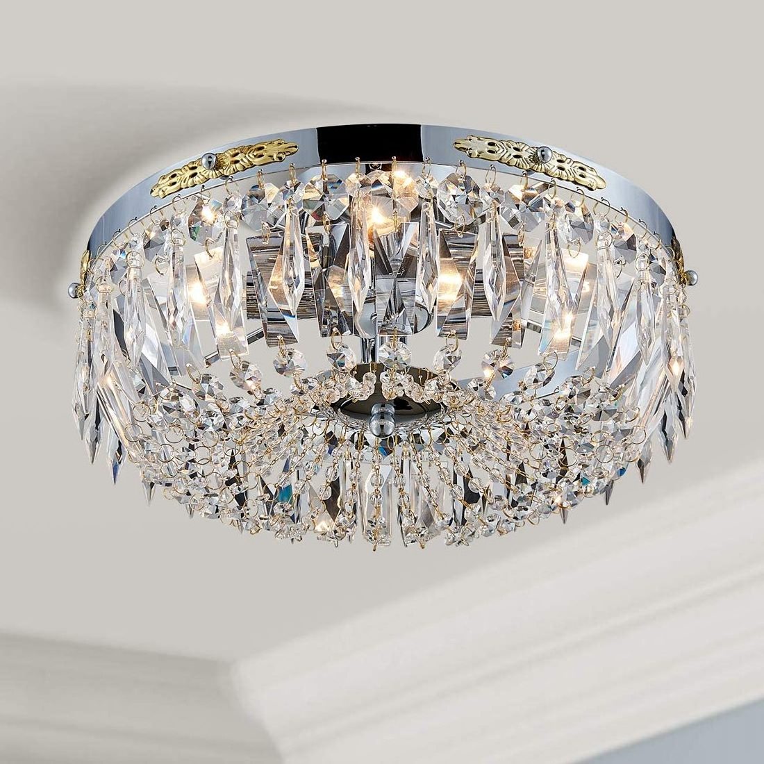 LED Chrome Crystal Flush Mount Modern Ceiling Lighting Fixture for Living Room, Bedroom Kitchen Foyer