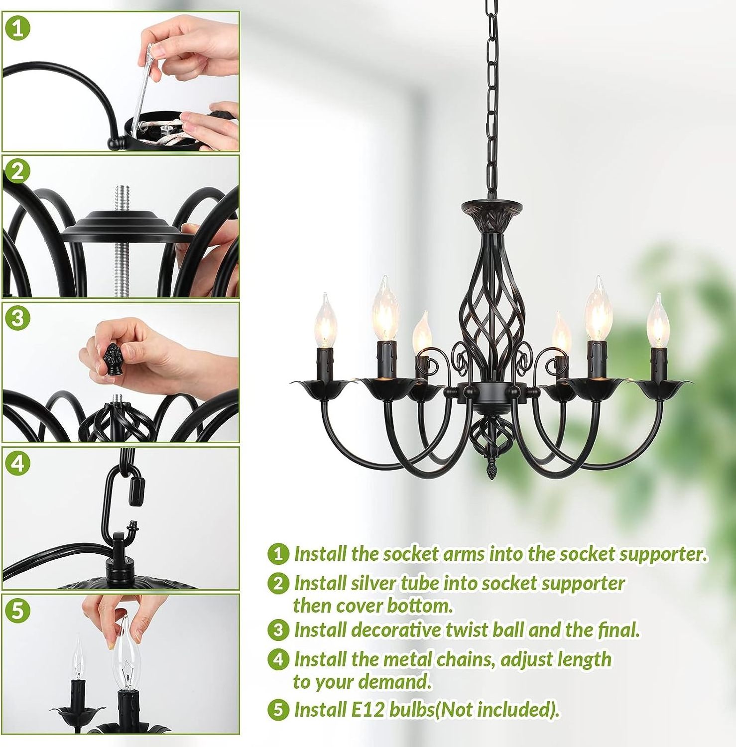 Vintage Industrial Chandelier Farmhouse Matte Black Candle Ceiling Lighting For Living Room Bedroom Kitchen