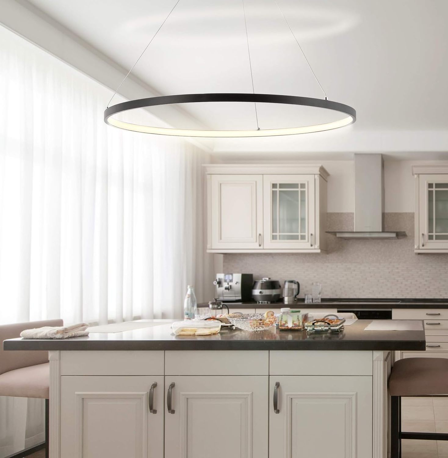 Modern Round LED Pendant Light Matte Black Indoor Ceiling Lighting For Kitchen Living Room Bedroom Foyer