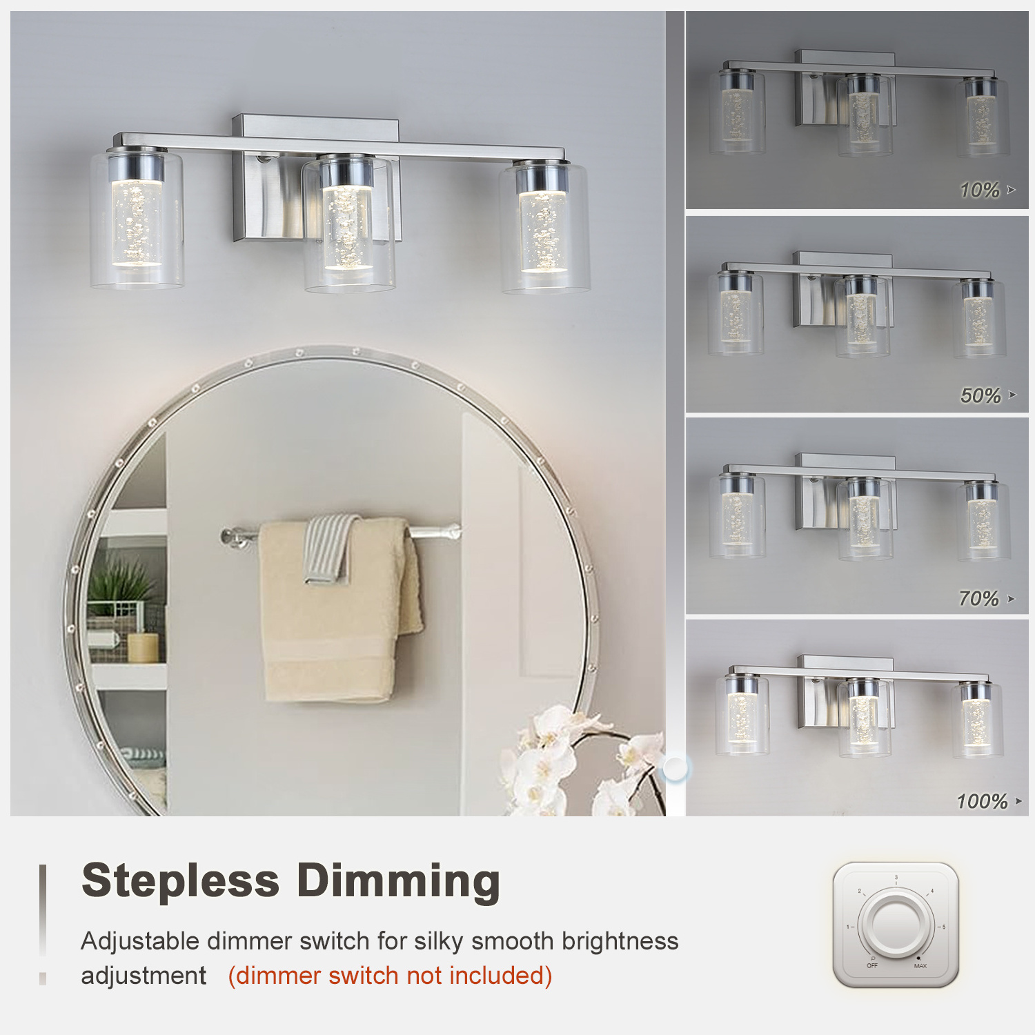 3 Lamp Bathroom Fixture Brushed Nickel Dimmable LED Crystal Bathroom Vanity Mirror for Bedroom, Living Room