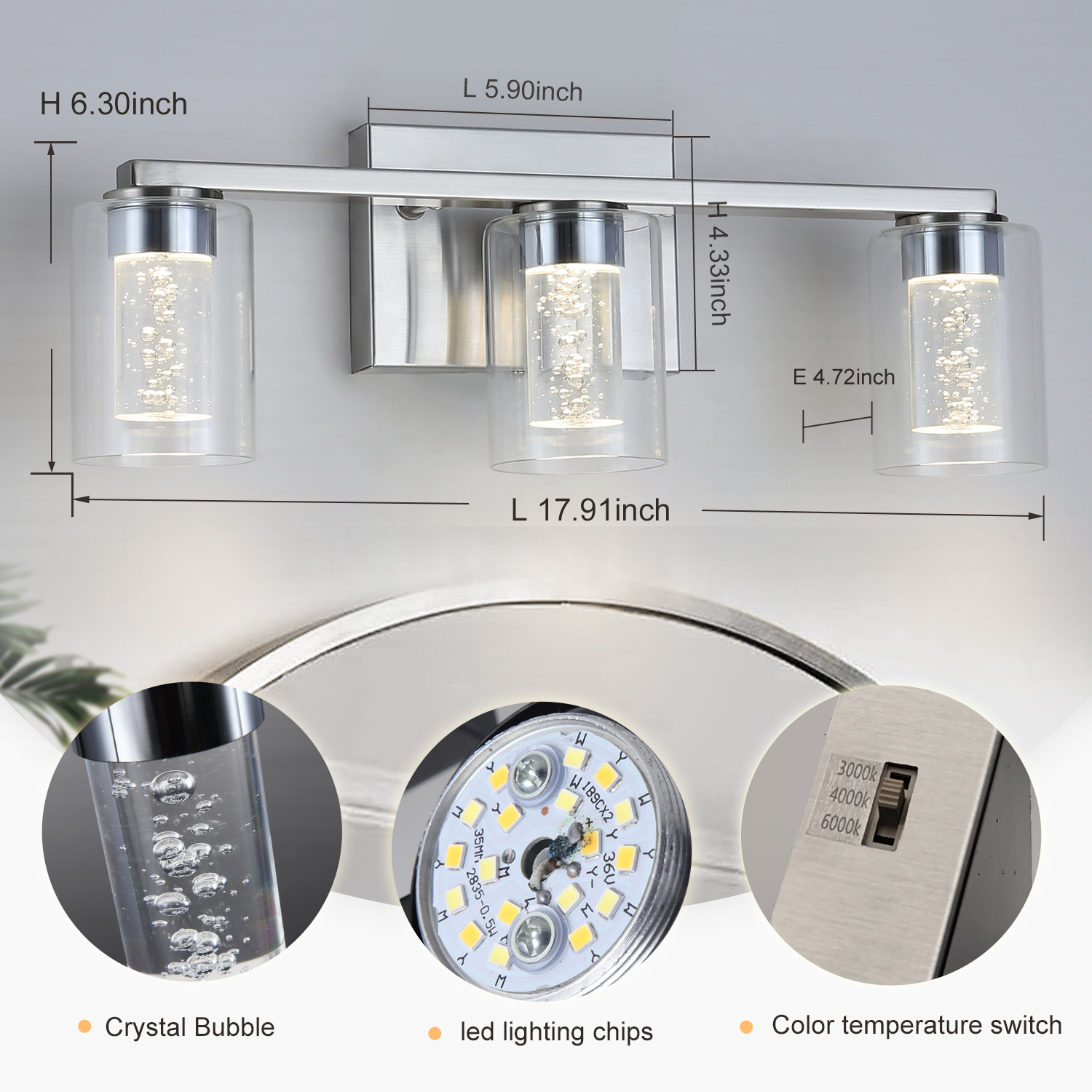 3 Lamp Bathroom Fixture Brushed Nickel Dimmable LED Crystal Bathroom Vanity Mirror for Bedroom, Living Room