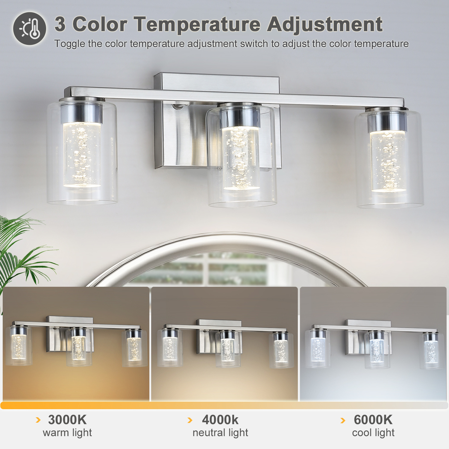 3 Lamp Bathroom Fixture Brushed Nickel Dimmable LED Crystal Bathroom Vanity Mirror for Bedroom, Living Room