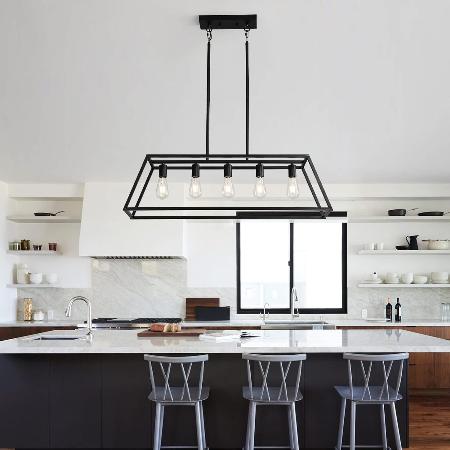 Black Kitchen Island Pendant 5 Lights Modern Industrial Linear Rectangular Farmhouse Lighting For Dining Kitchen Foyer