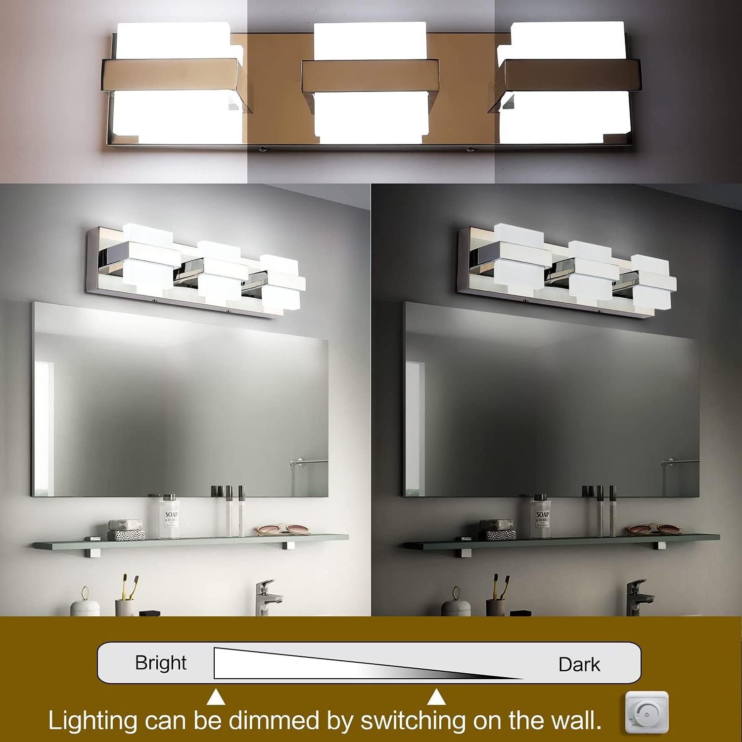 LED Modern Bathroom Vanity Light Fixtures 3 Lights Chrome Bathroom Wall Sconce Modern Acrylic Bathroom Wall Lighting