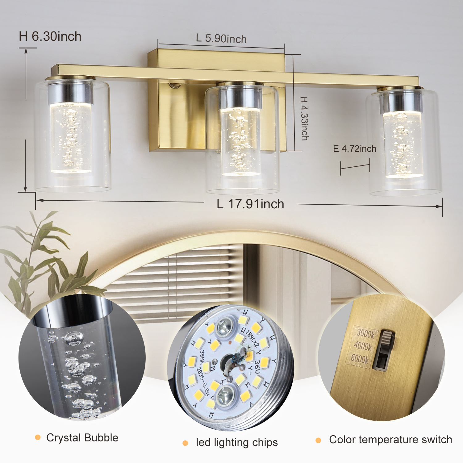 Bathroom vanity wall sconce LED dimmable brushed gold mirror light fixture with clear glass shade for bedroom living room