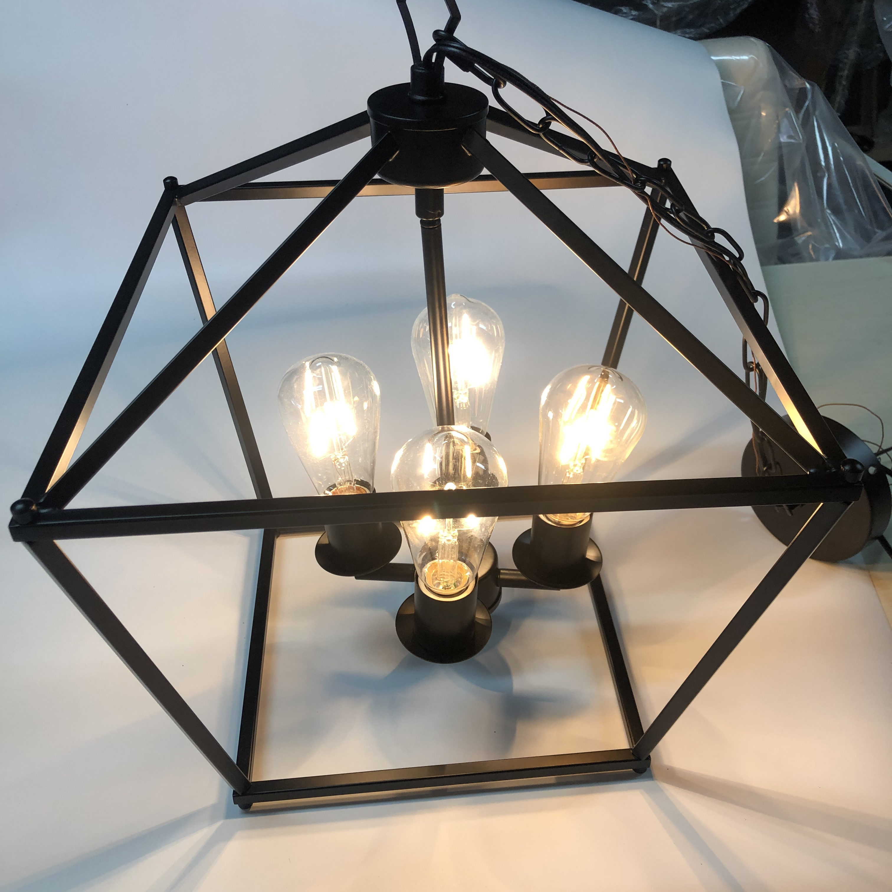 Industrial Retro 4 Light Pendant Black Square Farmhouse Metal Cage Hanging Lighting For Bedroom Living Room Hallway Dining Room