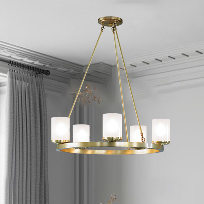 5 Lamp Brushed Gold Chandelier White Fabric Metal Light Fixtures Modern Indoor Living Room Decorative Lights