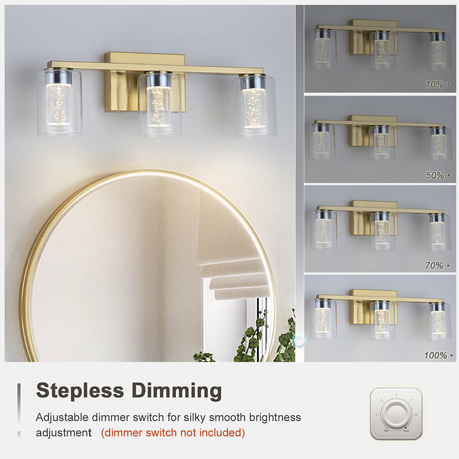 Bathroom vanity wall sconce LED dimmable brushed gold mirror light fixture with clear glass shade for bedroom living room