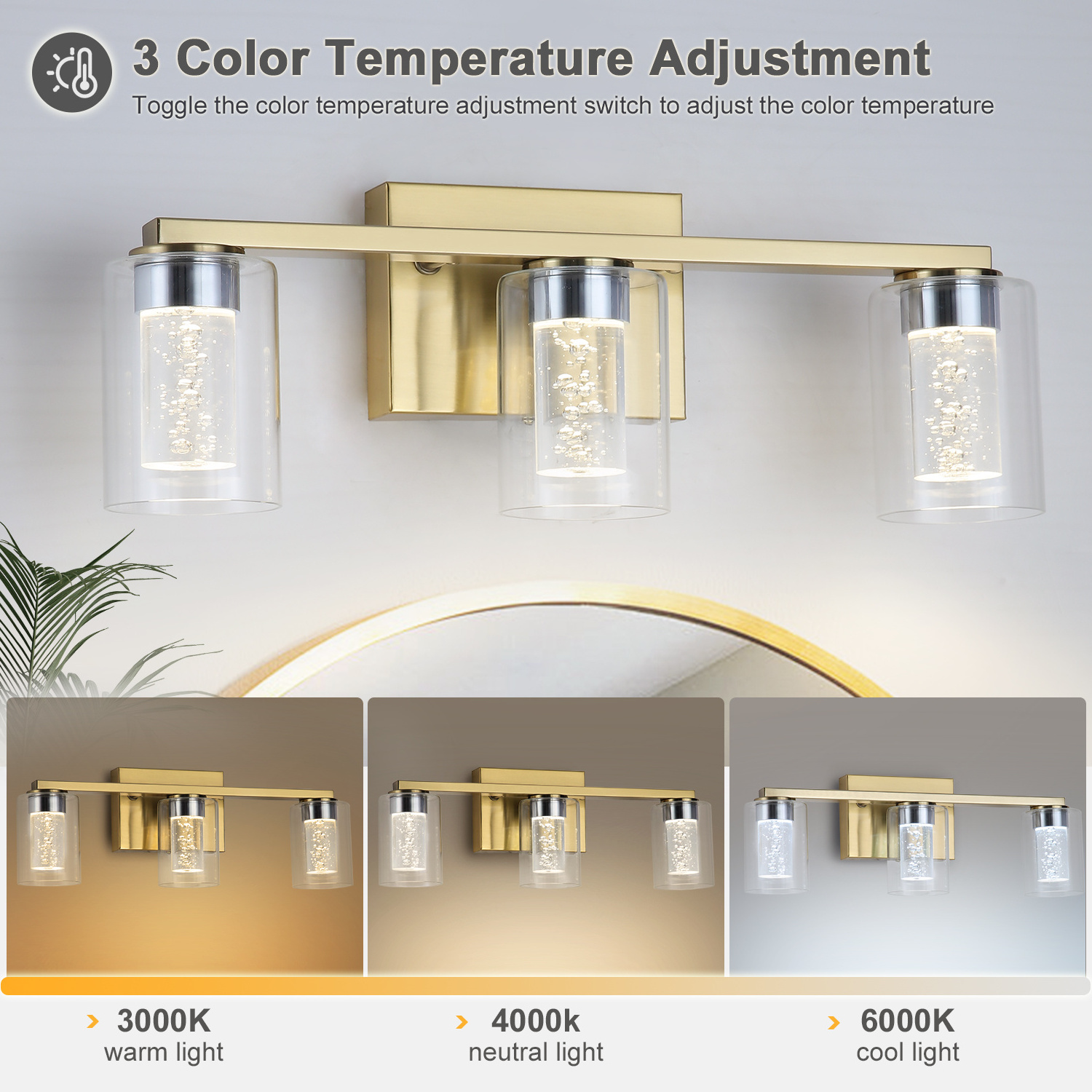 Bathroom vanity wall sconce LED dimmable brushed gold mirror light fixture with clear glass shade for bedroom living room