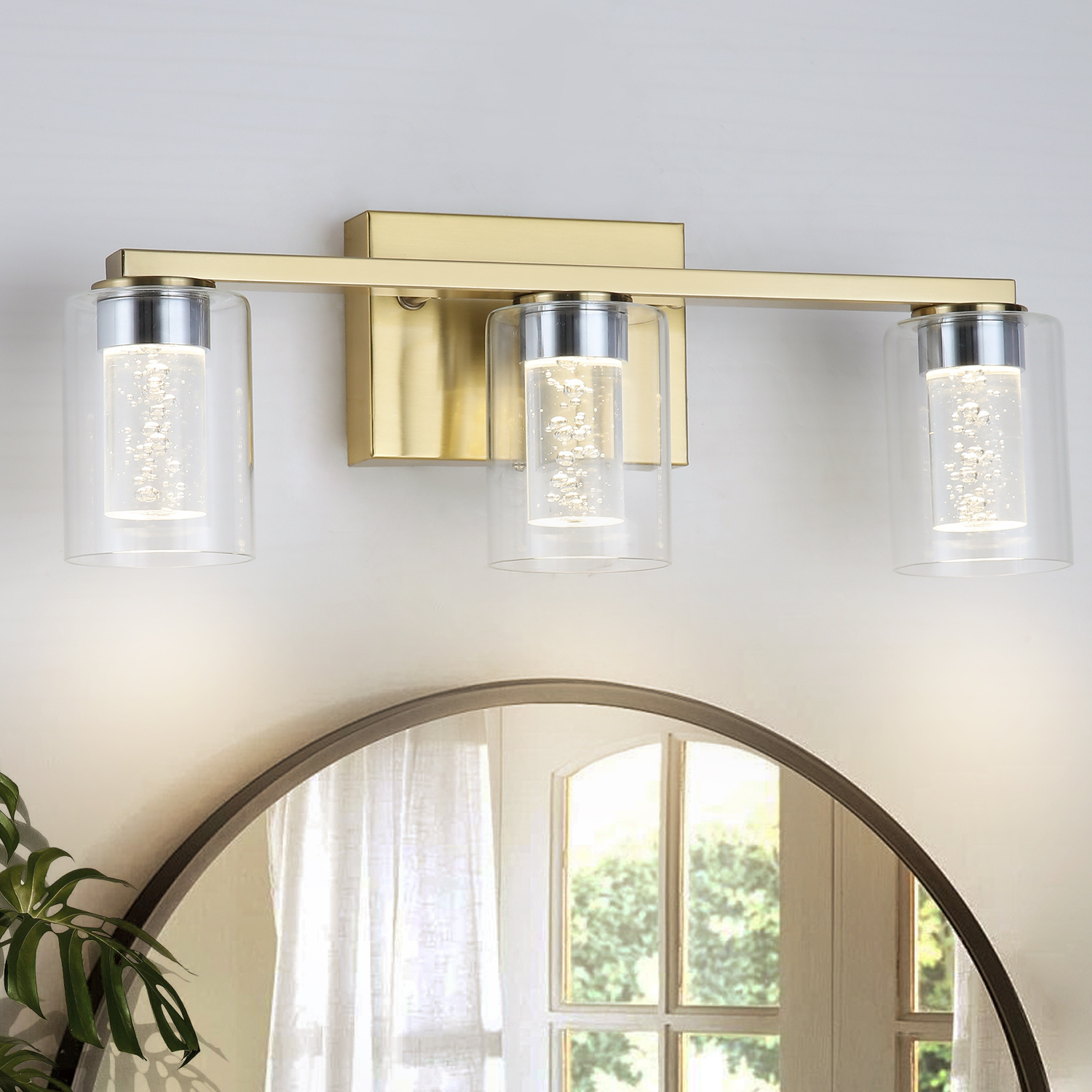 Bathroom vanity wall sconce LED dimmable brushed gold mirror light fixture with clear glass shade for bedroom living room