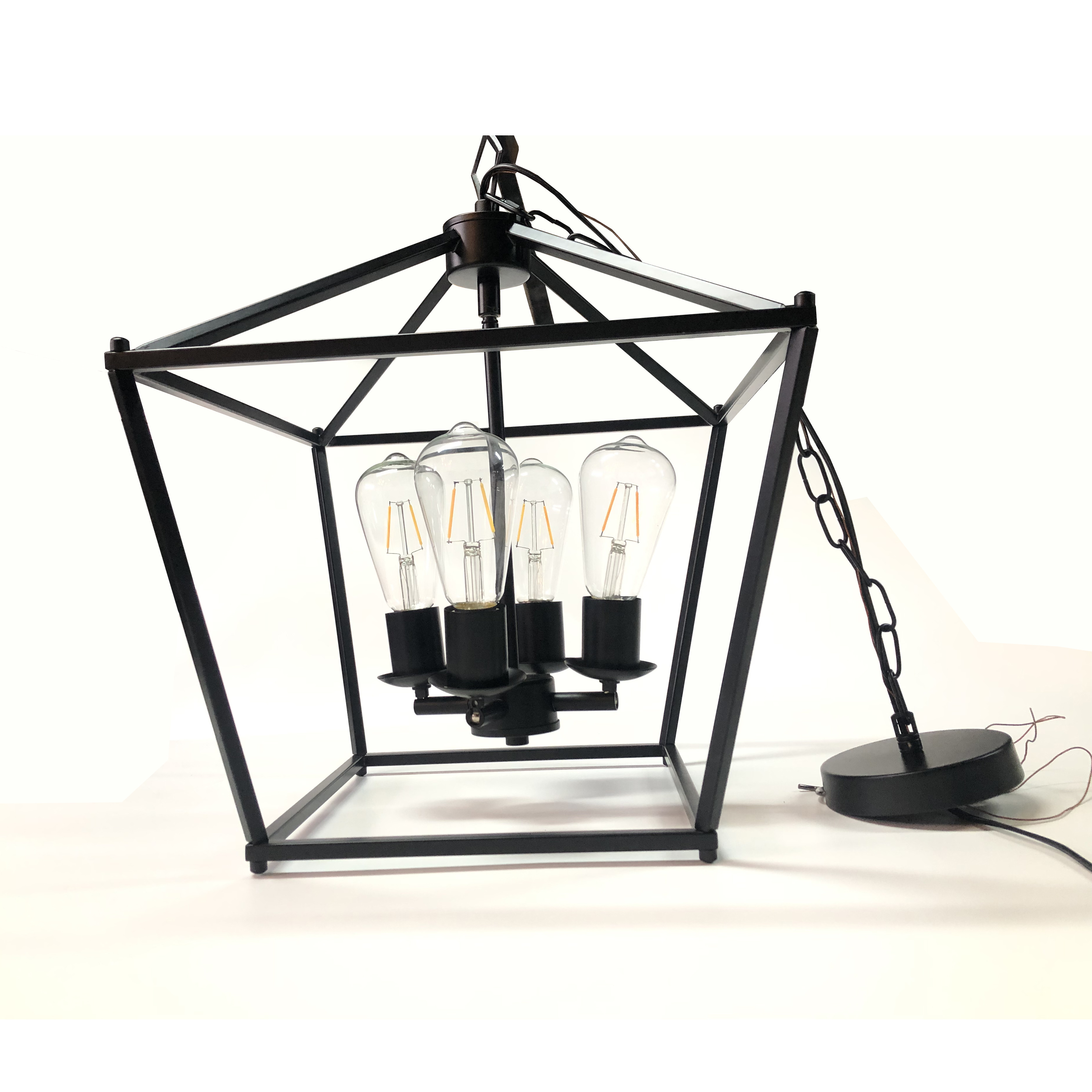 Industrial Retro 4 Light Pendant Black Square Farmhouse Metal Cage Hanging Lighting For Bedroom Living Room Hallway Dining Room