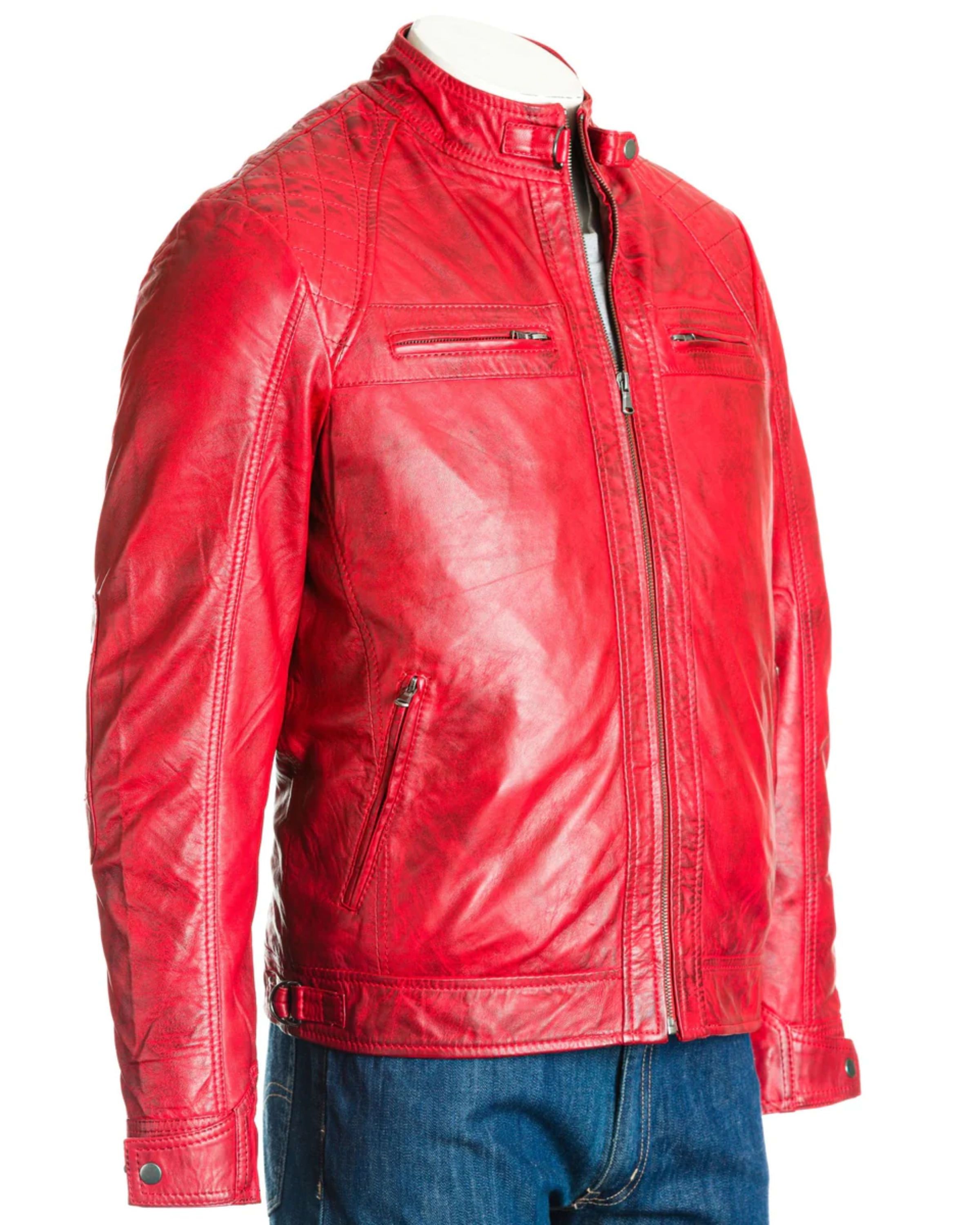 Heavy Winter Custom Red Color Leather Jacket Casual Stand Collar Motorcycle Leather Jackets For Men OEM ODM Service available