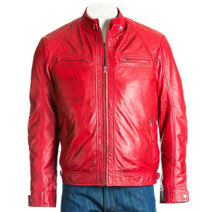 Heavy Winter Custom Red Color Leather Jacket Casual Stand Collar Motorcycle Leather Jackets For Men OEM ODM Service available