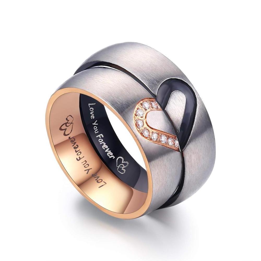 Couple Wedding Band  4mm/5mm/6mm/7mm/8mm Domed Engagement Ring Heart Shape Diamond Inlay Marriage for His or Her Gift