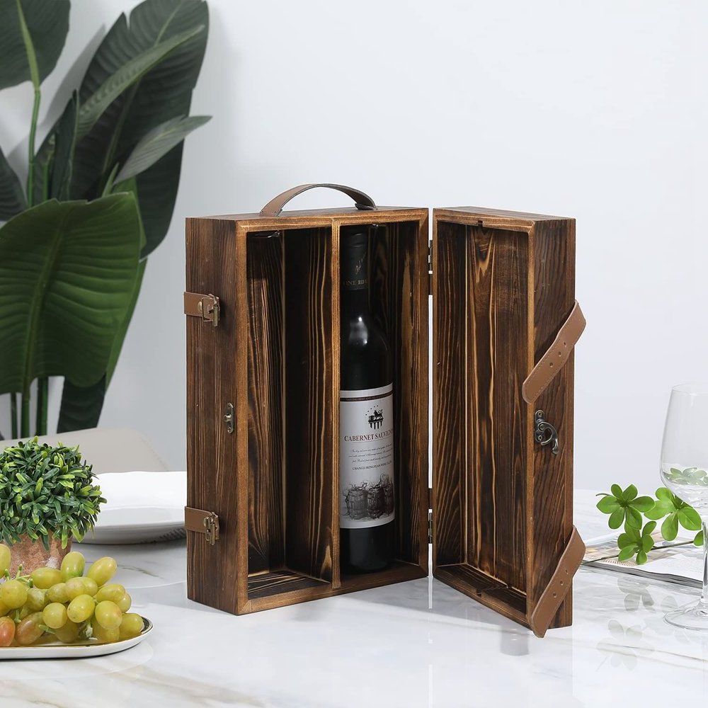 Rustic Burnt Double Bottle Decorative Wooden Wine Bottle Box with Latched Lid  Carrying Case with Top Leatherette Handle