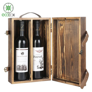 Rustic Burnt Double Bottle Decorative Wooden Wine Bottle Box with Latched Lid  Carrying Case with Top Leatherette Handle