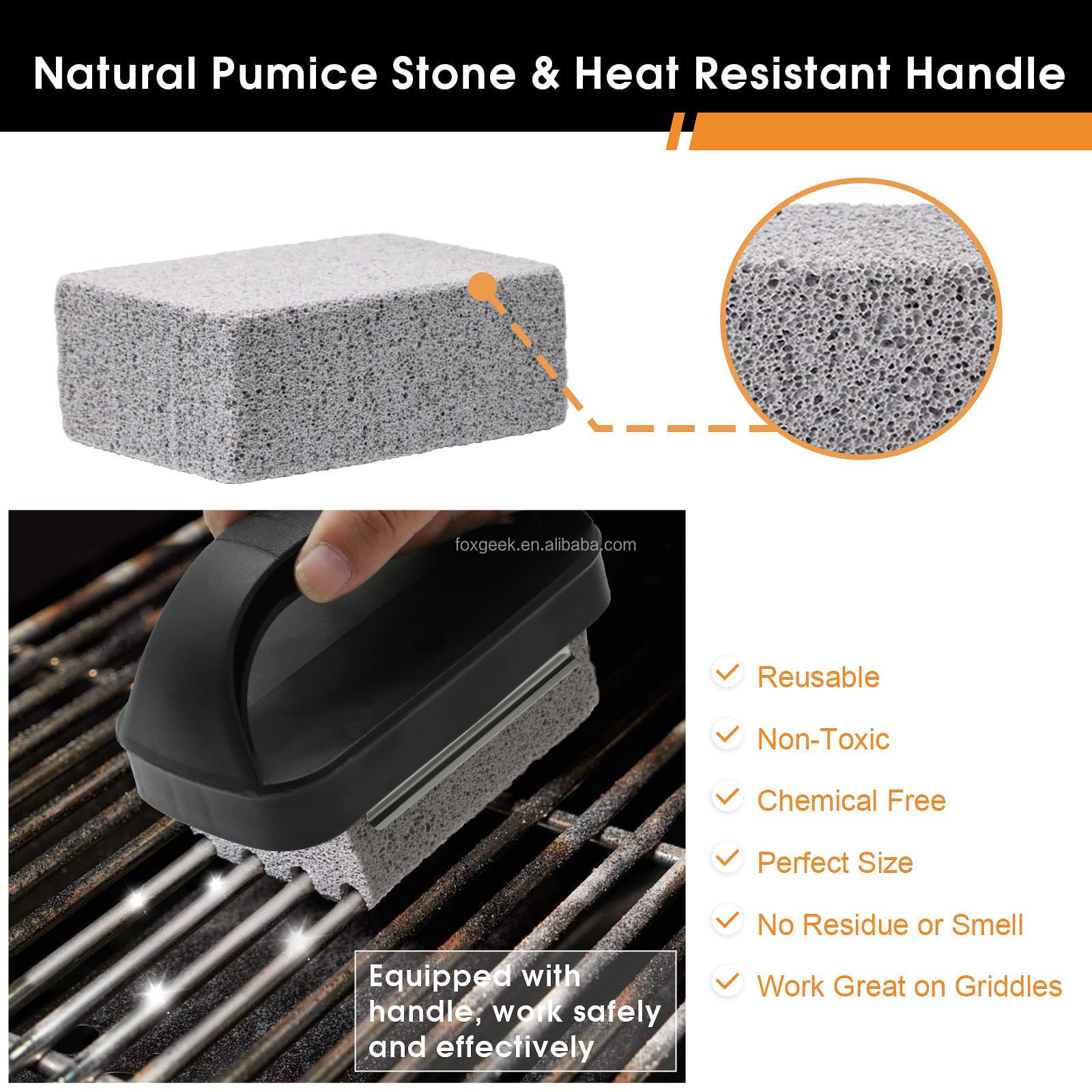 Custom Heavy Duty Grill Cleaning Stone Brick Block with Handle, 4in1 Grill Scrapers Set for Removing BlackStone BBQ Pool Sink