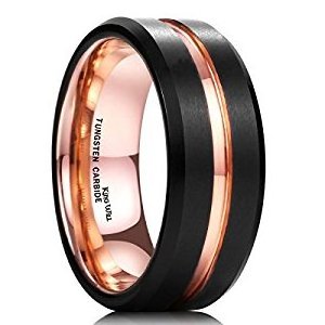 Custom Jewelry Design 8mm Black Tungsten Rings with Rose Gold Grooves Men's Wedding Band Top Polished Comfort Fit