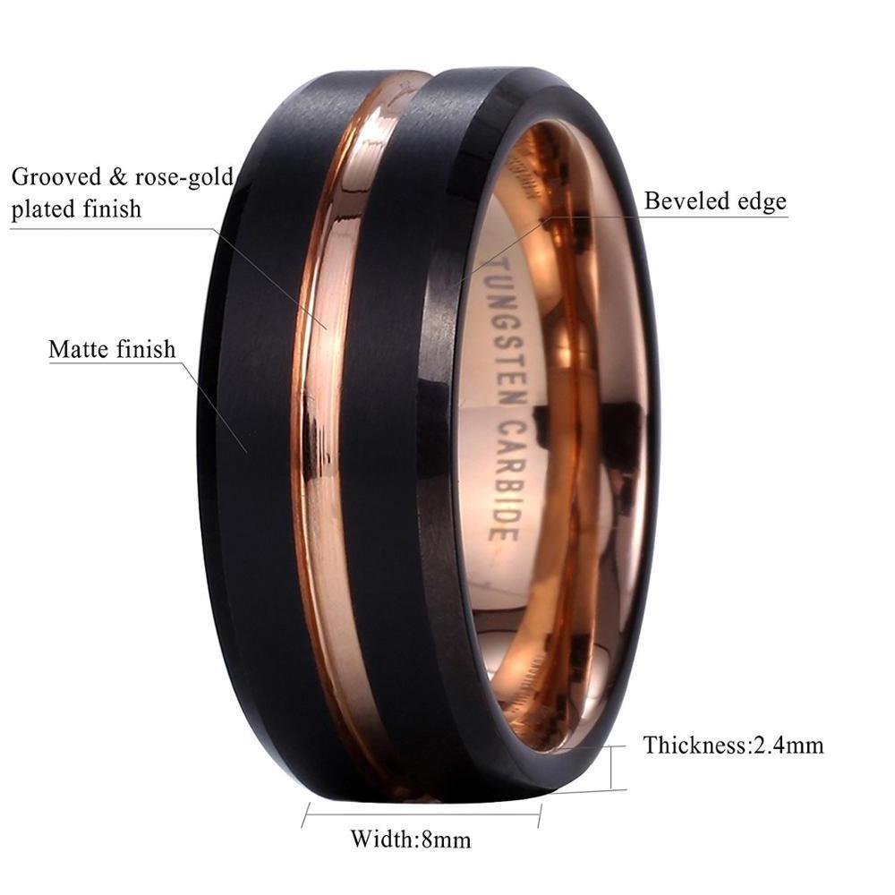 Custom Jewelry Design 8mm Black Tungsten Rings with Rose Gold Grooves Men's Wedding Band Top Polished Comfort Fit