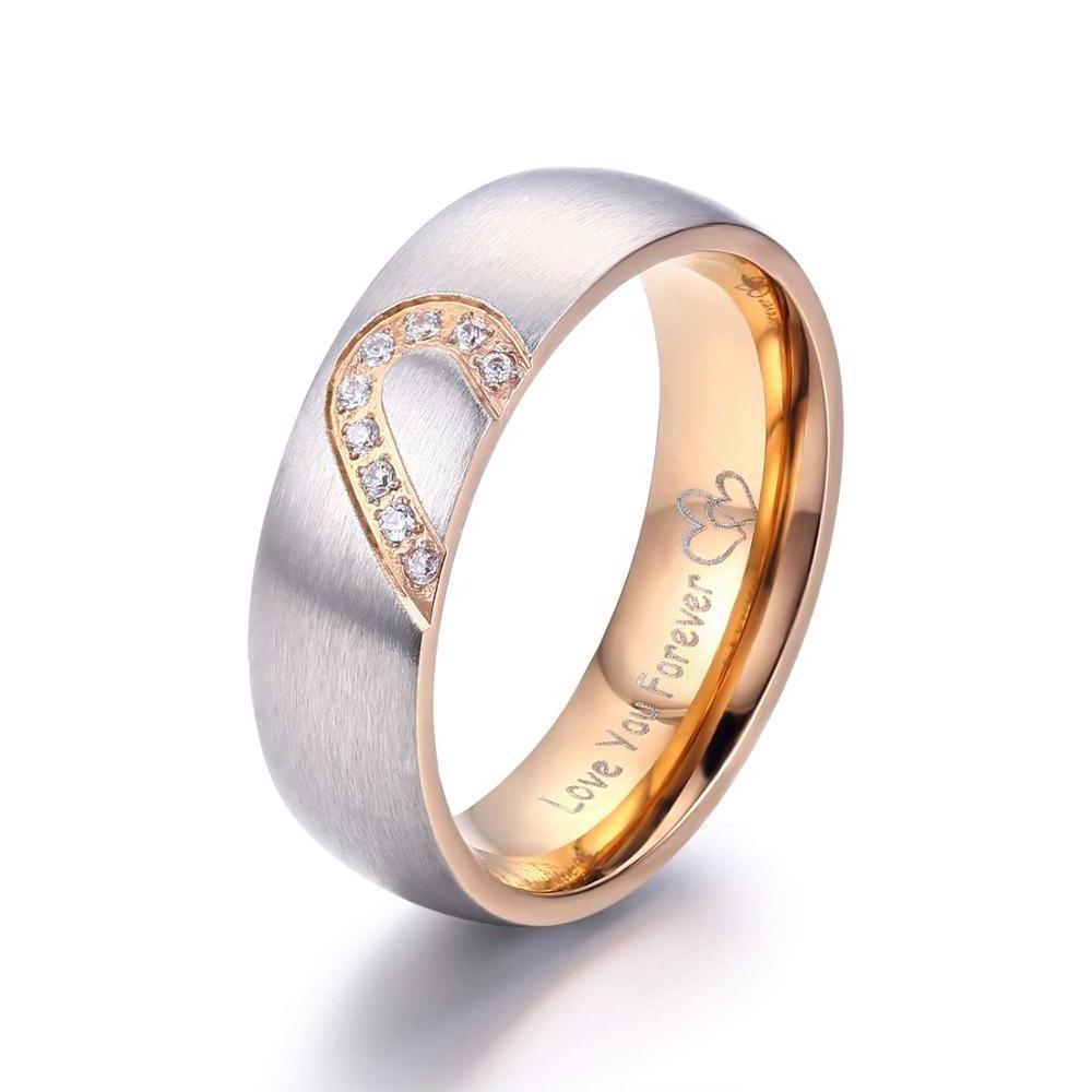 Couple Wedding Band  4mm/5mm/6mm/7mm/8mm Domed Engagement Ring Heart Shape Diamond Inlay Marriage for His or Her Gift