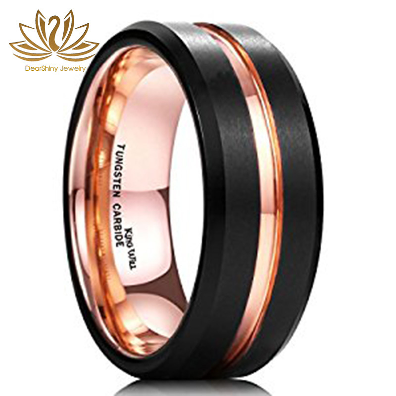 Custom Jewelry Design 8mm Black Tungsten Rings with Rose Gold Grooves Men's Wedding Band Top Polished Comfort Fit