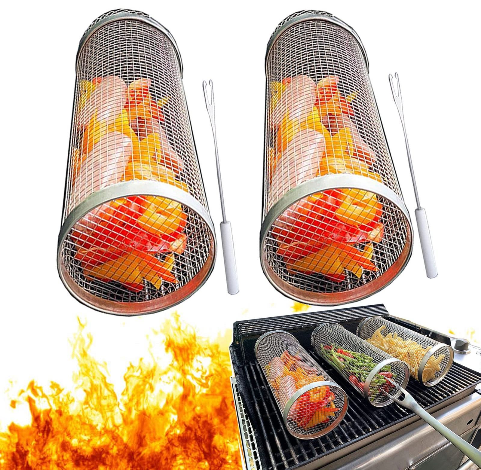 Rolling Grilling Basket Round Stainless Steel BBQ Grill Mesh Camping Barbecue Rack for Vegetables French Fries Fish