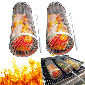 Rolling Grilling Basket Round Stainless Steel BBQ Grill Mesh Camping Barbecue Rack for Vegetables French Fries Fish