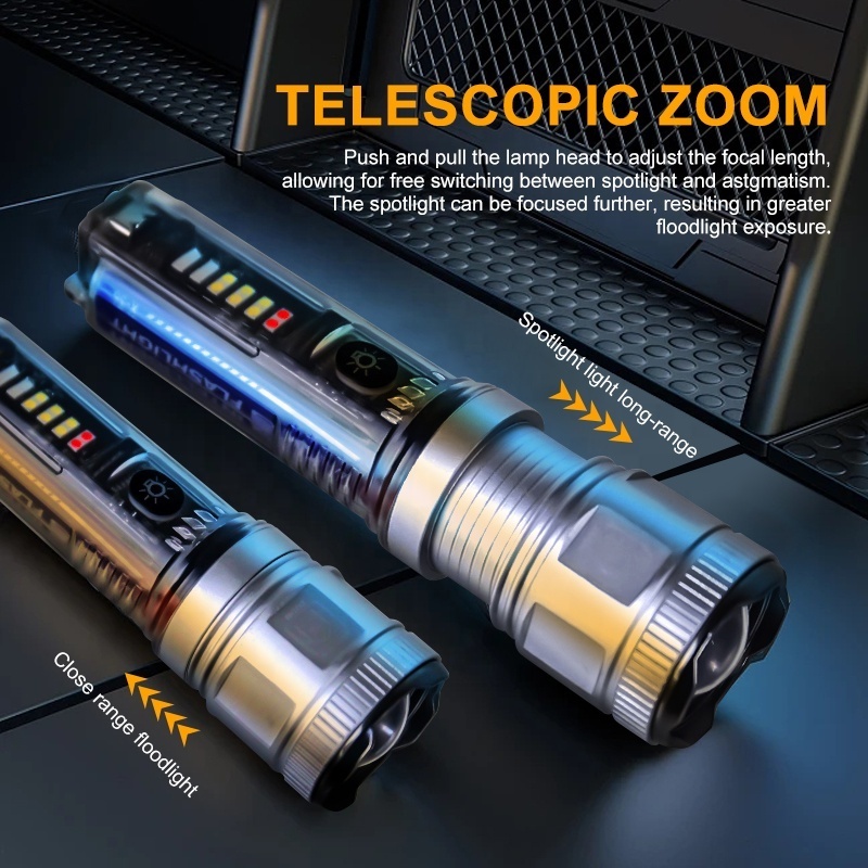 High Lumens Telescopic Zoom Multi-Functional Emergency Led Torch Power Bank Solar Flashlight