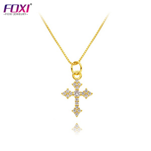 FOXI jewelry OEM ODM 18K Gold plated iced out bling Cubic Zirconia diamond Cross pendant necklace jewelry