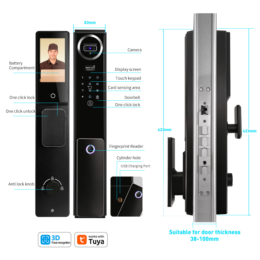 tuya wifi app video talk function face ID door lock 3D face recognition smart lock app controlled camera face combine smart lock