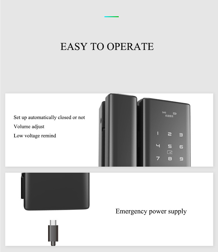 fingerprint ttlock APP digital aluminum framed door lock frameless sliding door smart glass lock