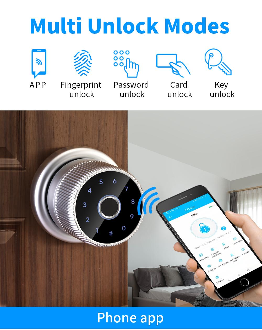 Round Knob Digital Door Lock Apartment Office Biometric Fingerprint TTlock Intelligent Door Lock