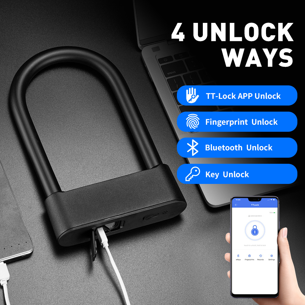 TTlock BLE APP Anti-Cutting Bicycle Fingerprint Lock Heavy Duty Electronic Motorcycle Smart Lock Key Function Digital  Bike Lock