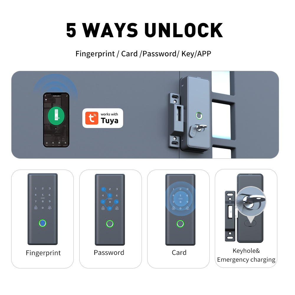 Double Sides Biometric Fingerprint Lock Framed Sliding Aluminum Profile  Card Keypad Tuya Wifi APP Door lock Smart