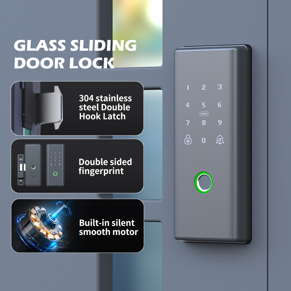 Double Sides Biometric Fingerprint Lock Framed Sliding Aluminum Profile  Card Keypad Tuya Wifi APP Door lock Smart