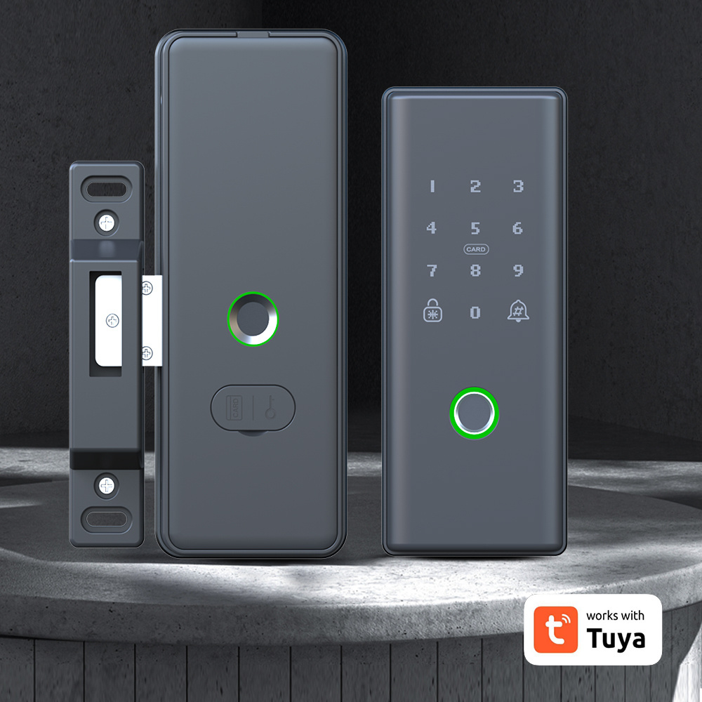 Double Sides Biometric Fingerprint Lock Framed Sliding Aluminum Profile  Card Keypad Tuya Wifi APP Door lock Smart