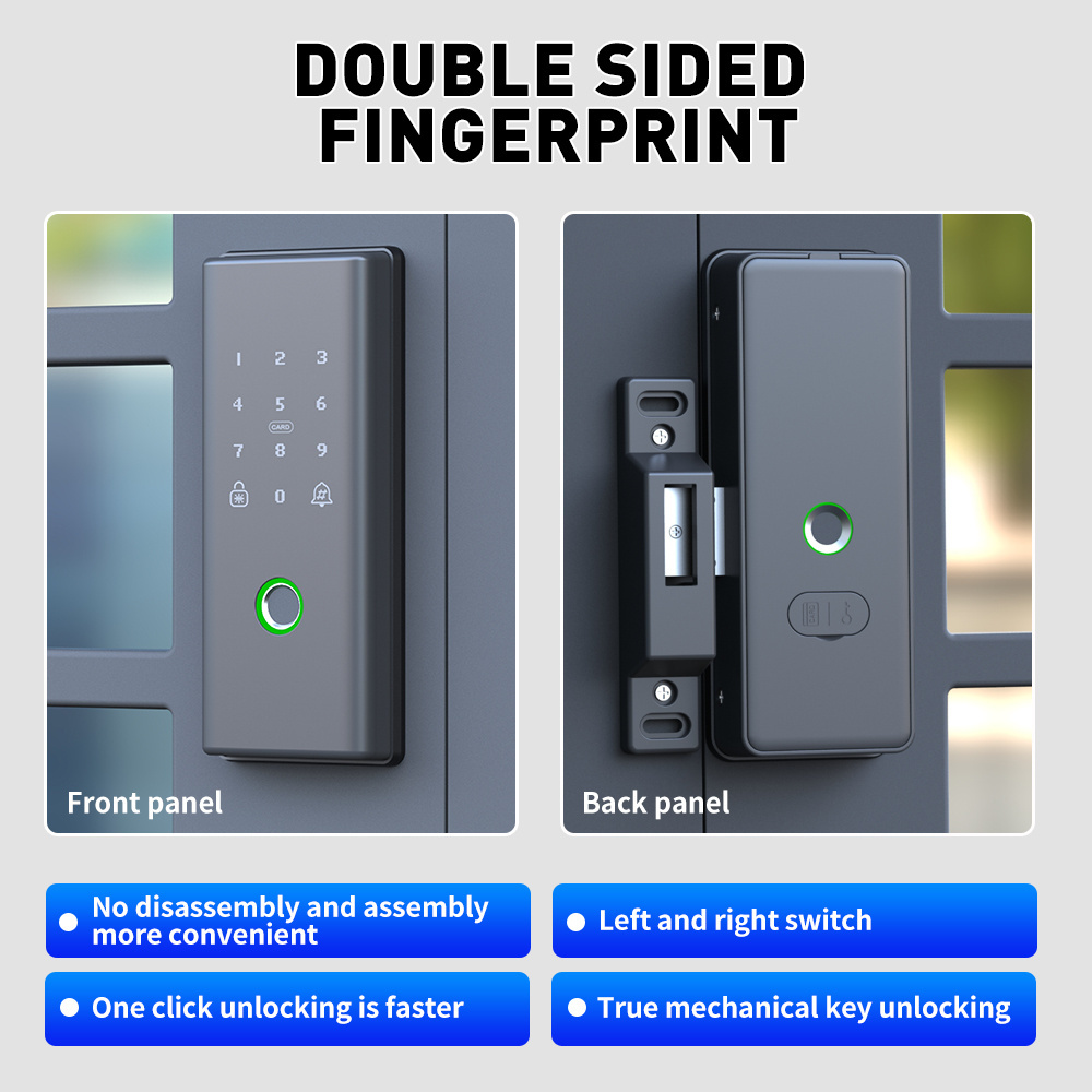 Double Sides Biometric Fingerprint Lock Framed Sliding Aluminum Profile  Card Keypad Tuya Wifi APP Door lock Smart