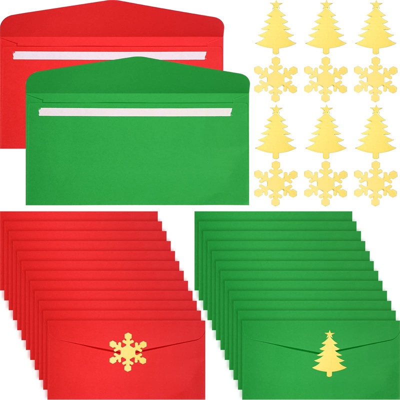 Customized Christmas Money Envelopes Green Red Envelope Christmas Tree Snowflake Stickers Self Adhesive Greeting Card Pockets