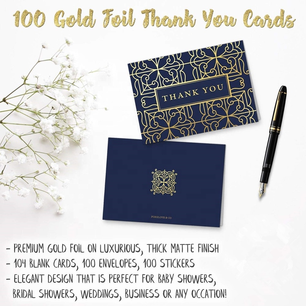 Custom Thank You Cards Bulk Set  Includes Gold Foil Thank You Notes Blank Cards with Envelopes Stickers and Box