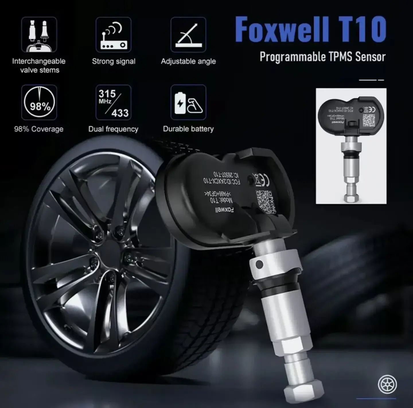 FOXWELL T10 universal car tpms sensor 2 in 1 315Mhz 433Mhz tire pressure sensor for tires