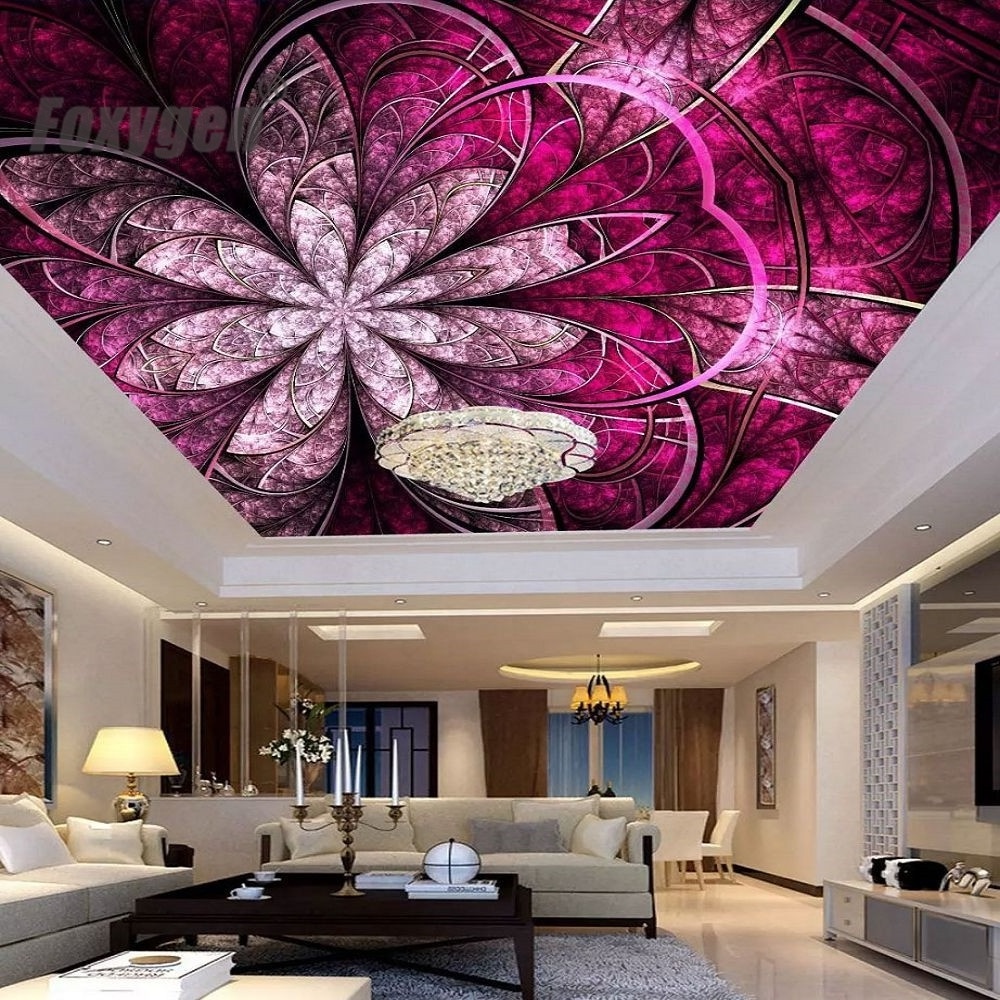 New arrived Art flowers ceiling wallpaper mural design 3d False stretch ceiling Pre-stretched double layer panels fabric